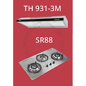 Tecno 90cm slim hood with revolutionary 3 motor design and black acrylic panel (TH931-3M) + Tecno 90cm Built-In Hob (SR-88)