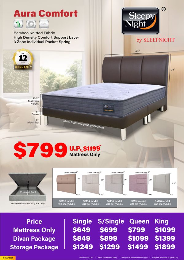 Sleepy Night Aura Comfort Pocketed Spring Mattress With Bed