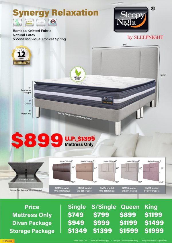 Sleepy Night Synergy Relaxation Pocketed Spring Mattress With Bed