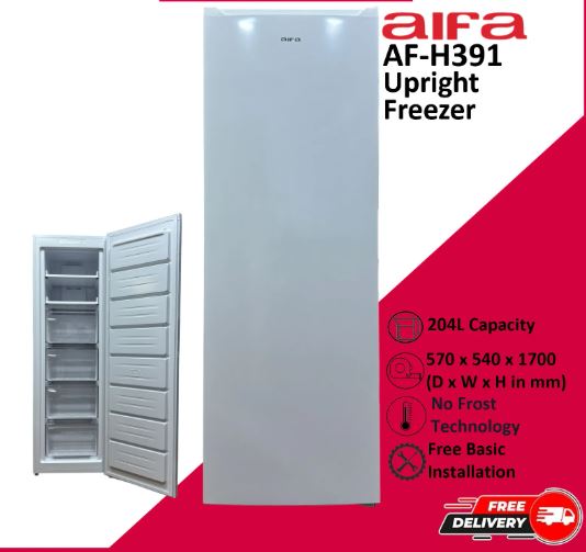 Aifa AF-H391 Upright Freezer, 204L Capacity, No Frost, Sleek White Design