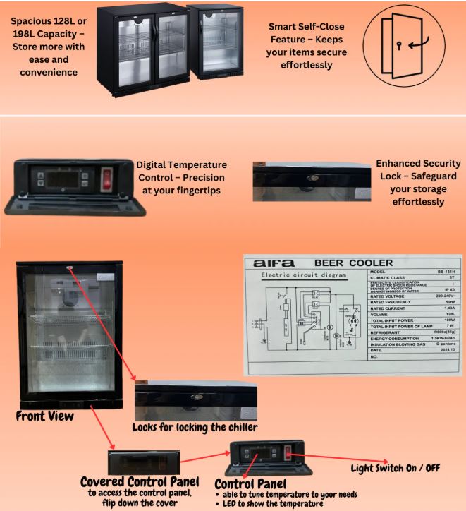 Aifa Glass Door Chiller, 128L Capacity, Convenient Self-Close Mechanism - BB-131H