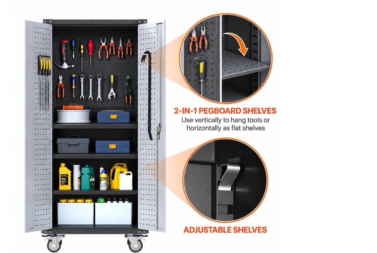 SteelMax Tall Utility Tools Storage Cabinet with wheels Grey