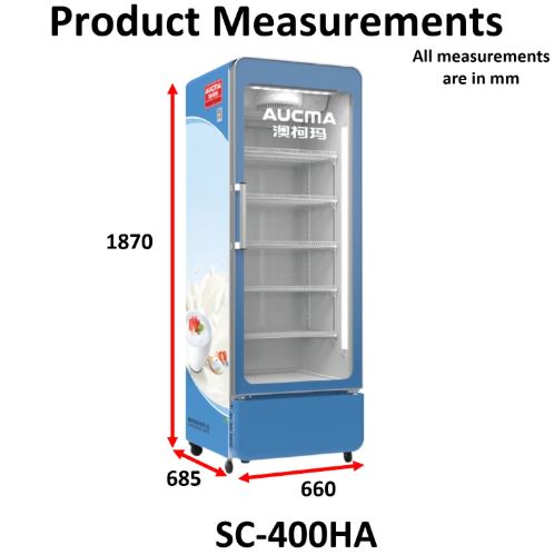 Aucma SC-400HA Standing Chiller Showcase, 400L capacity, Air cooling system