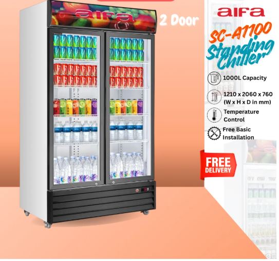 Aifa SC-A1100 Standing Chiller, 1000L Capacity, Glass doors for clear visibility, Adjustable Shelves