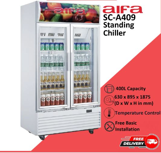 Aifa SC-A409 2 Door Standing Chiller, Adjustable Shelving, 400L Capacity, Lightings, Glass Door