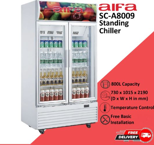 Aifa SC-A8009 Glass Door Standing Chiller, 800L Capacity, Glass doors for clear visibility