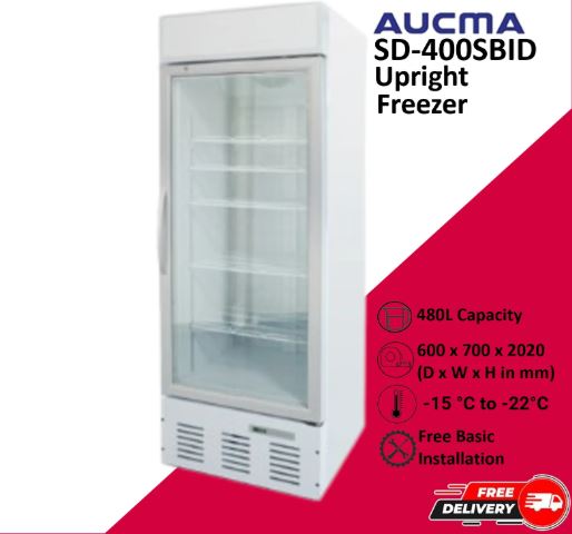 Aucma SD-400SBID Display Freezer, 480L capacity, Clear glass display, Adjustable shelves