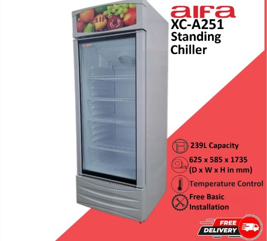 Aifa Glass Door Standing Chiller, Adjustable shelves, Lock, 239L capacity - XC-A251