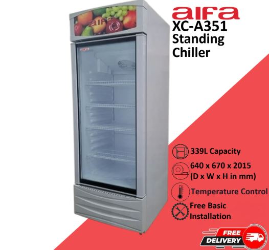 Aifa Glass Door Standing Chiller, Adjustable shelves, Lock, 339L capacity - XC-A351