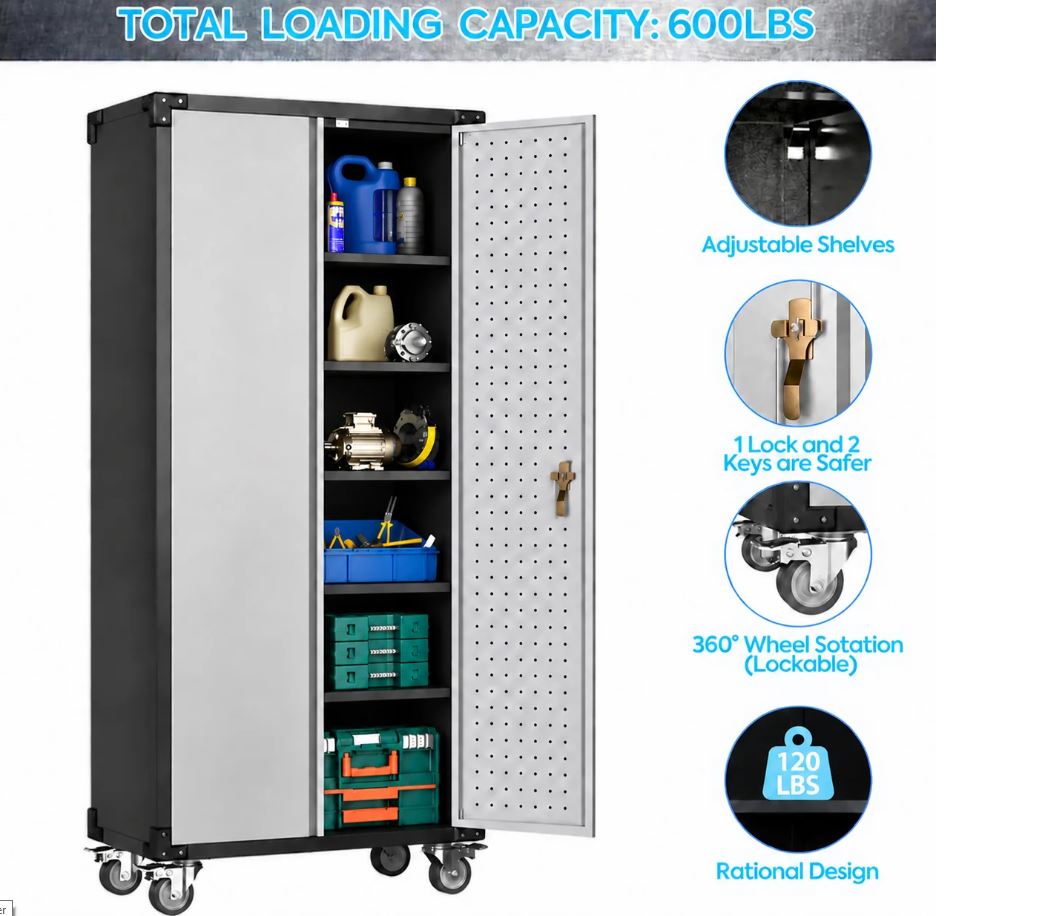 SteelMax Tall Utility Tools Storage Cabinet with wheels Grey